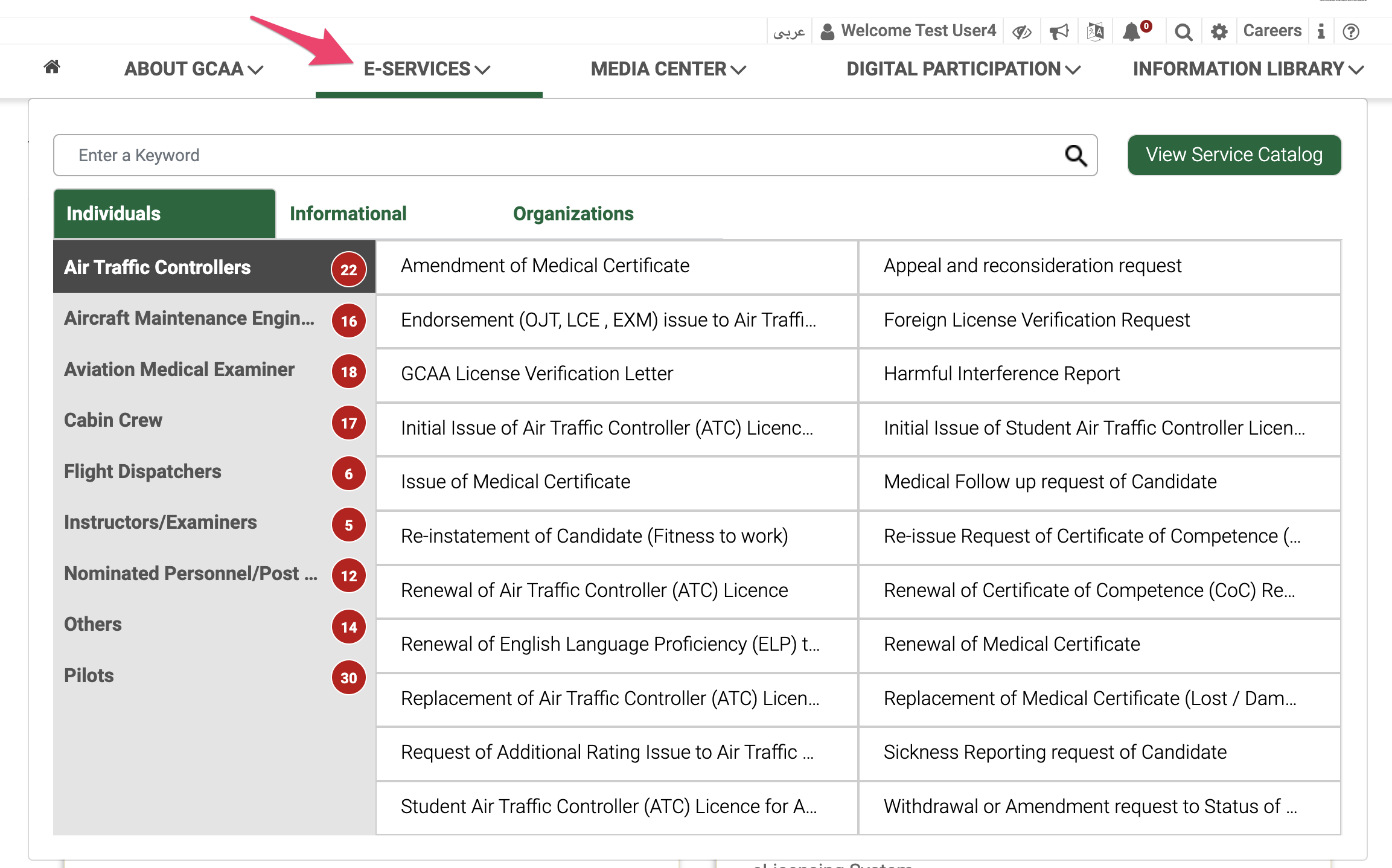 E-Services Tab